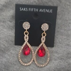 3/$40 Saks Fifth Avenue Red & Gold Tear Drop Dangle Earrings